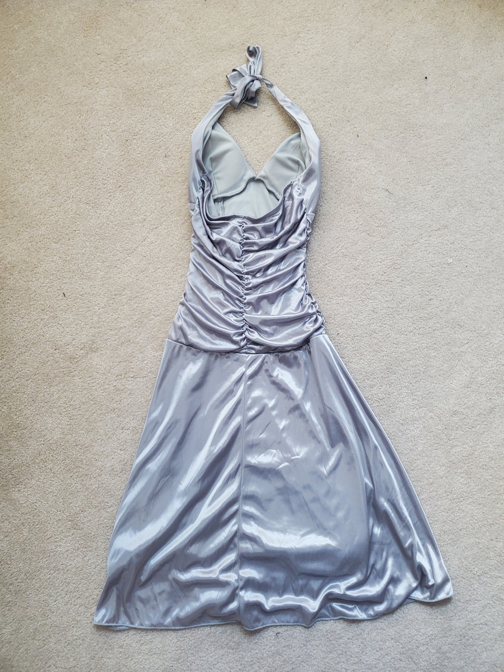 Ruby Rox Silver Backless Halter Ruched Satin Maxi Dress - Picture 3 of 6
